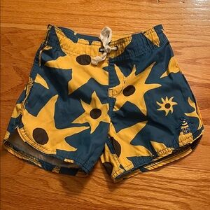 Kids Yellow & Teal Sun Print Swim Trunks with Drawstring